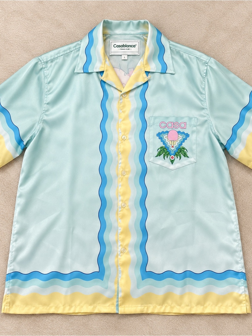 Casablanca Light Blue Wave-Print Silk Camp Shirt